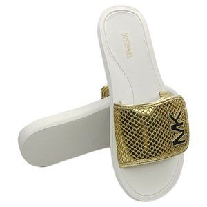 NWT MICHAEL KORS AUTHENTIC WOMEN WHITE GOLD SLIP ON SLIDES SANDALS SIZE 6 7 8 11